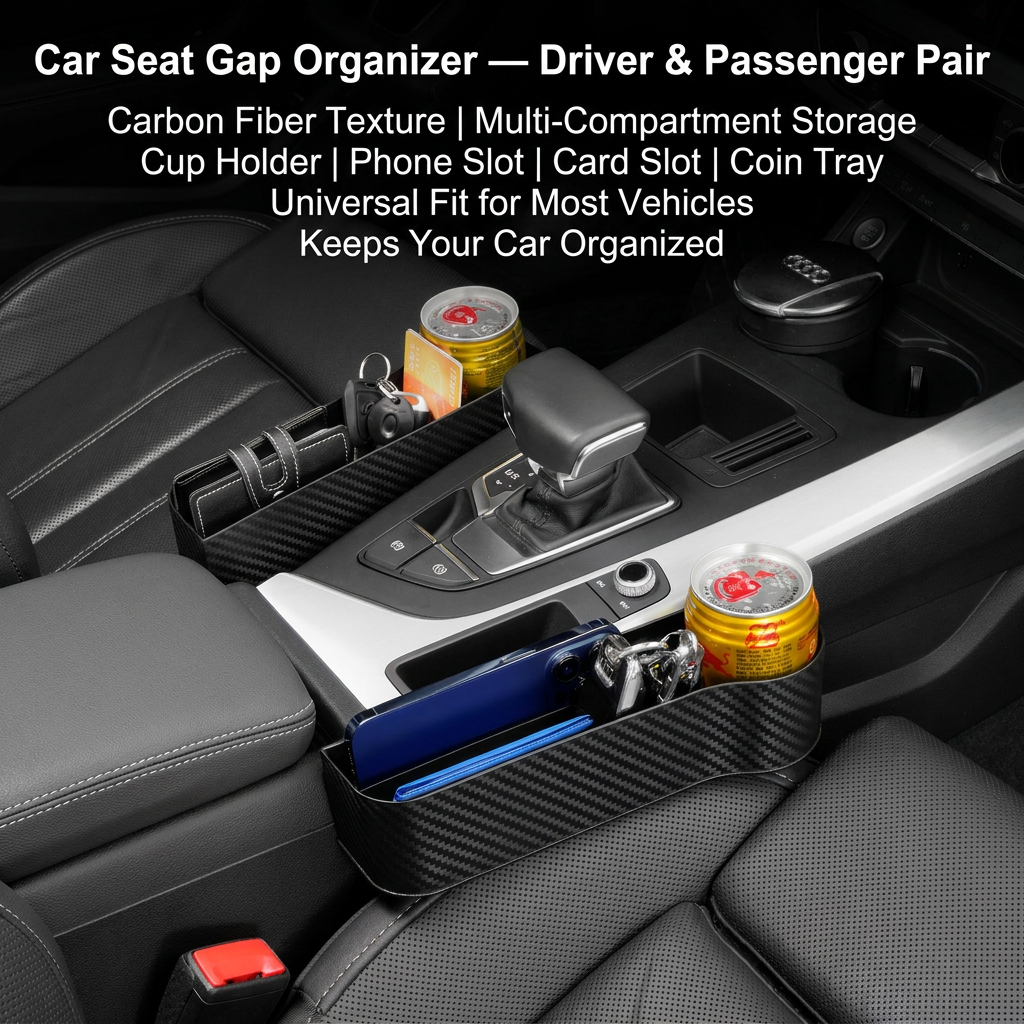 1 Pair Carbon Fiber Car Seat Gap Filler Organizer, Console Crevice Plug-in Storage Box for Main & Co-pilot, Multi Compartment Design with Cup Holder, Card Slot and Phone Charging Slot