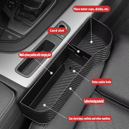 1 Pair Carbon Fiber Car Seat Gap Filler Organizer, Console Crevice Plug-in Storage Box for Main & Co-pilot, Multi Compartment Design with Cup Holder, Card Slot and Phone Charging Slot