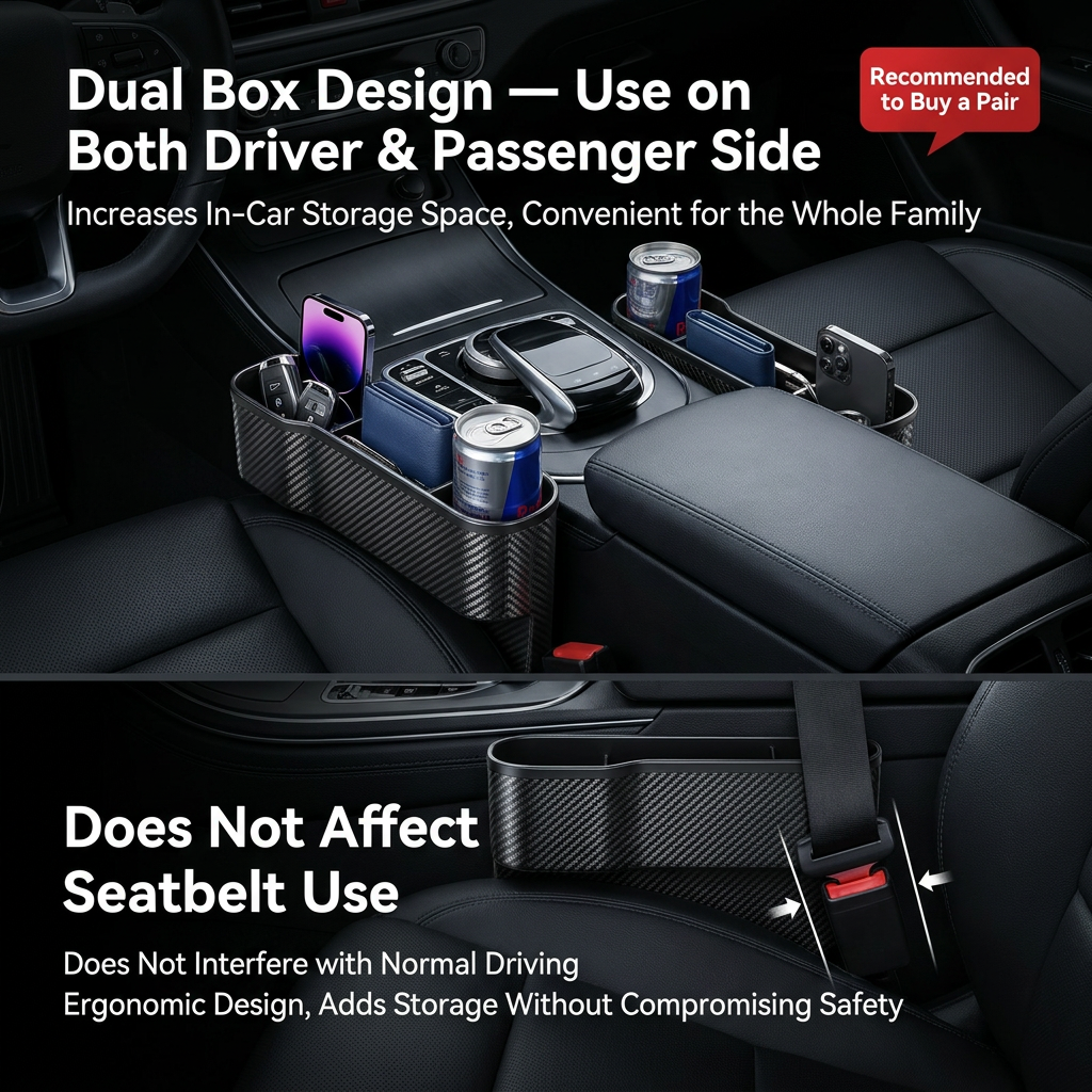 1 Pair Carbon Fiber Car Seat Gap Filler Organizer, Console Crevice Plug-in Storage Box for Main & Co-pilot, Multi Compartment Design with Cup Holder, Card Slot and Phone Charging Slot
