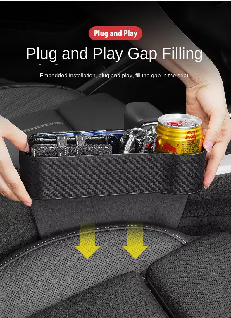 1 Pair Carbon Fiber Car Seat Gap Filler Organizer, Console Crevice Plug-in Storage Box for Main & Co-pilot, Multi Compartment Design with Cup Holder, Card Slot and Phone Charging Slot