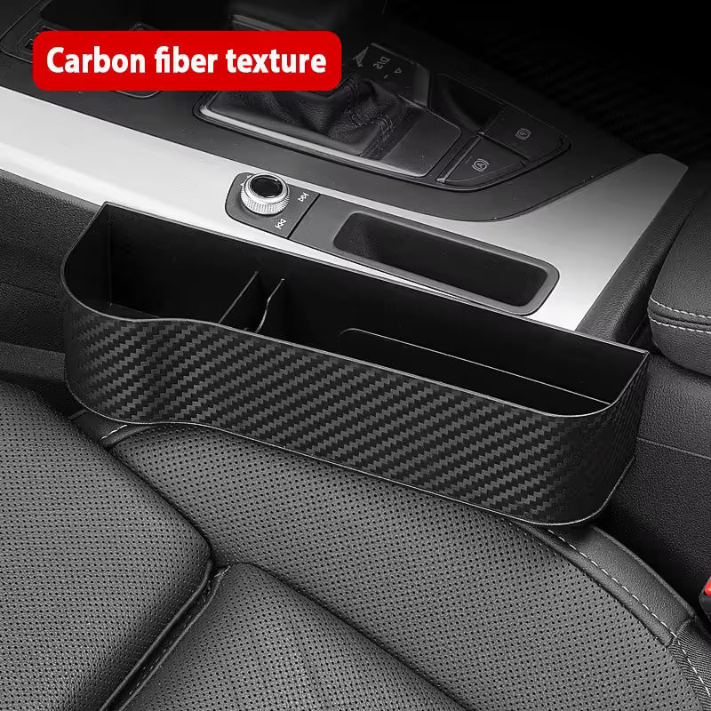 1 Pair Carbon Fiber Car Seat Gap Filler Organizer, Console Crevice Plug-in Storage Box for Main & Co-pilot, Multi Compartment Design with Cup Holder, Card Slot and Phone Charging Slot