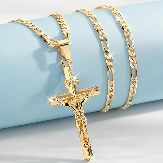 Vintage Gold-plated Jesus Cross Pendant Necklace with Smooth Long Chain & Gift Box, Minimalist Jesus Religious Jewelry Christmas Easter Graduation Gift for Women Men