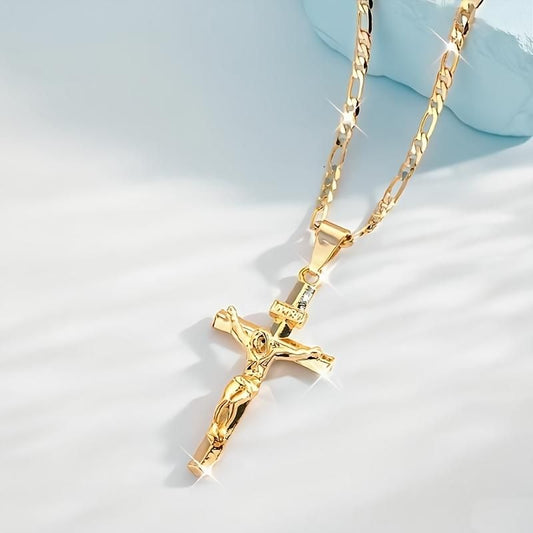 Vintage Gold-plated Jesus Cross Pendant Necklace with Smooth Long Chain & Gift Box, Minimalist Jesus Religious Jewelry Christmas Easter Graduation Gift for Women Men
