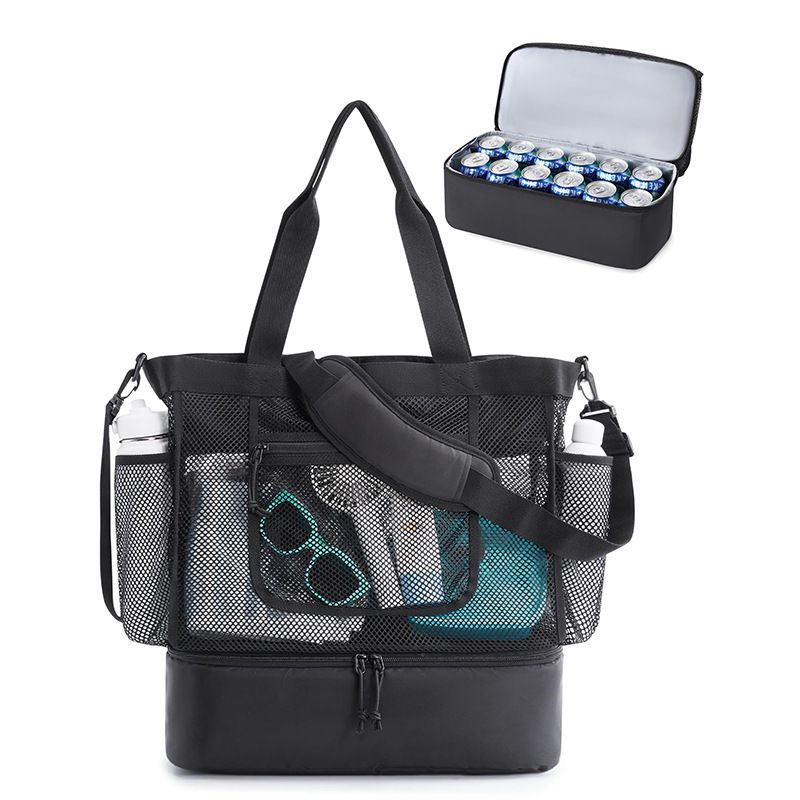 16.5 x 7.9 x 18.9" Black Beach Travel Mesh Tote Bag with 14L Insulated Drink Compartment - Multi Pockets Sandproof Beach Picnic Bag with Picnic Mat Strap, Cup Holder and Waterproof Phone Pocket