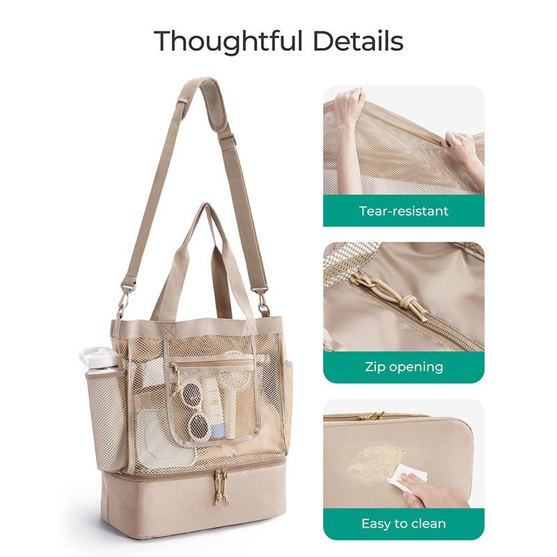 16.5 x 7.9 x 18.9" Black Beach Travel Mesh Tote Bag with 14L Insulated Drink Compartment - Multi Pockets Sandproof Beach Picnic Bag with Picnic Mat Strap, Cup Holder and Waterproof Phone Pocket