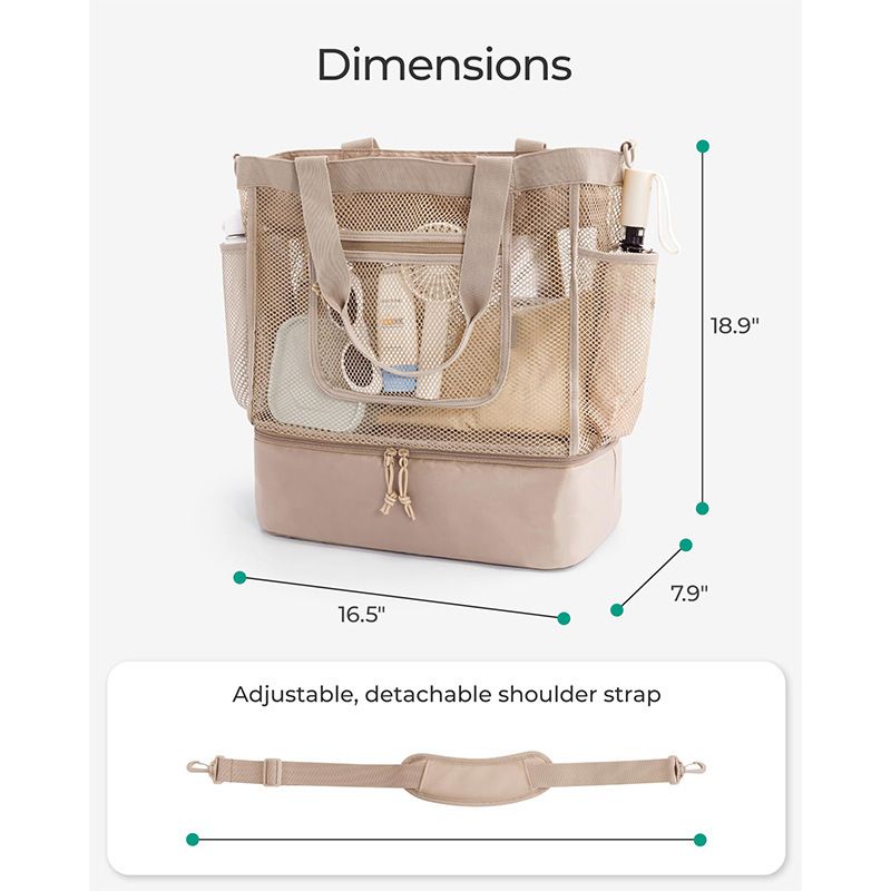 16.5 x 7.9 x 18.9" Black Beach Travel Mesh Tote Bag with 14L Insulated Drink Compartment - Multi Pockets Sandproof Beach Picnic Bag with Picnic Mat Strap, Cup Holder and Waterproof Phone Pocket
