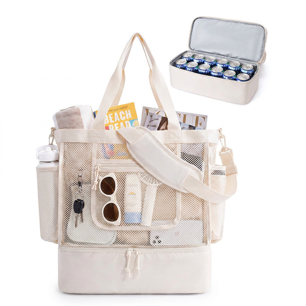 16.5 x 7.9 x 18.9" Beige Beach Travel Mesh Tote Bag with 14L Insulated Drink Compartment - Multi Pockets Sandproof Beach Picnic Bag with Picnic Mat Strap, Cup Holder and Waterproof Phone Pocket