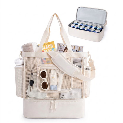 16.5 x 7.9 x 18.9" Beige Beach Travel Mesh Tote Bag with 14L Insulated Drink Compartment - Multi Pockets Sandproof Beach Picnic Bag with Picnic Mat Strap, Cup Holder and Waterproof Phone Pocket