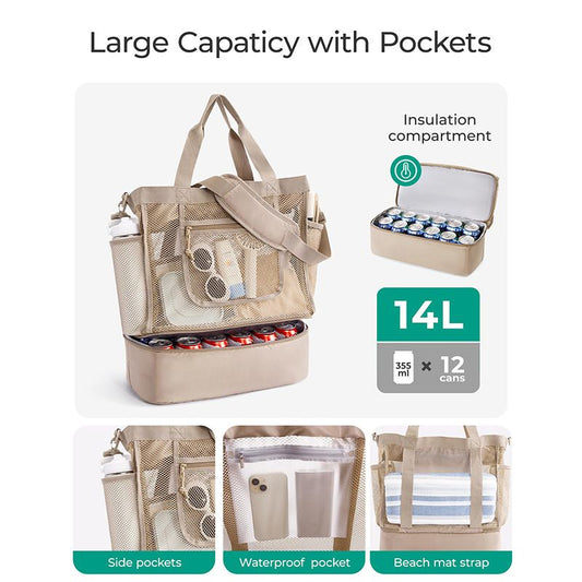 16.5 x 7.9 x 18.9" Beige Beach Travel Mesh Tote Bag with 14L Insulated Drink Compartment - Multi Pockets Sandproof Beach Picnic Bag with Picnic Mat Strap, Cup Holder and Waterproof Phone Pocket