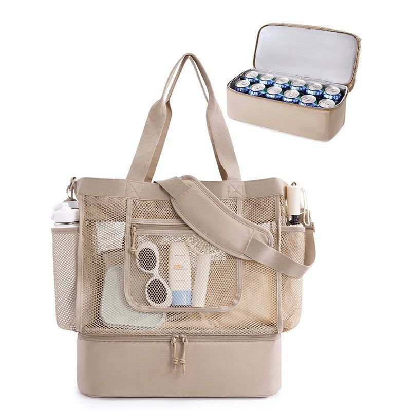 16.5 x 7.9 x 18.9" Khaki Beach Travel Mesh Tote Bag with 14L Insulated Drink Compartment - Multi Pockets Sandproof Beach Picnic Bag with Picnic Mat Strap, Cup Holder and Waterproof Phone Pocket