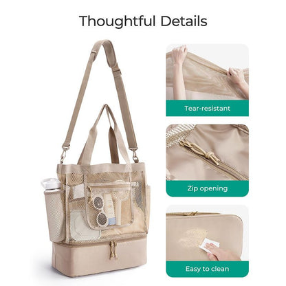 16.5 x 7.9 x 18.9" Khaki Beach Travel Mesh Tote Bag with 14L Insulated Drink Compartment - Multi Pockets Sandproof Beach Picnic Bag with Picnic Mat Strap, Cup Holder and Waterproof Phone Pocket