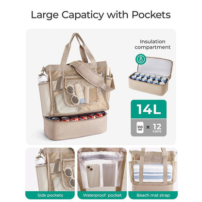 16.5 x 7.9 x 18.9" Light Blue Beach Travel Mesh Tote Bag with 14L Insulated Drink Compartment - Multi Pockets Sandproof Beach Picnic Bag with Picnic Mat Strap, Cup Holder and Waterproof Phone Pocket