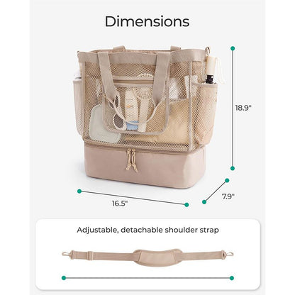 16.5 x 7.9 x 18.9" Light Blue Beach Travel Mesh Tote Bag with 14L Insulated Drink Compartment - Multi Pockets Sandproof Beach Picnic Bag with Picnic Mat Strap, Cup Holder and Waterproof Phone Pocket