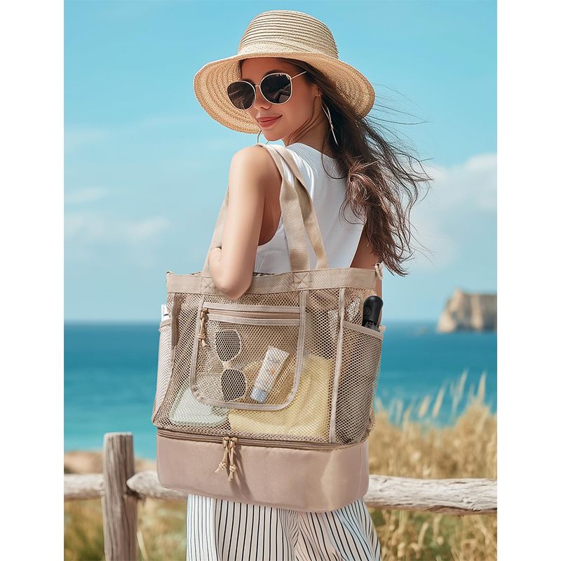 16.5 x 7.9 x 18.9" Light Blue Beach Travel Mesh Tote Bag with 14L Insulated Drink Compartment - Multi Pockets Sandproof Beach Picnic Bag with Picnic Mat Strap, Cup Holder and Waterproof Phone Pocket