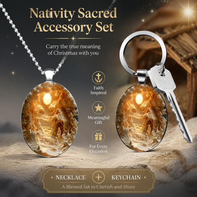 3D Nativity Scene Pendant Necklace & Keyring Set with Gift Box â€“ Christmas Glass Cabochon & Alloy Jewellery Combo for Men and Women