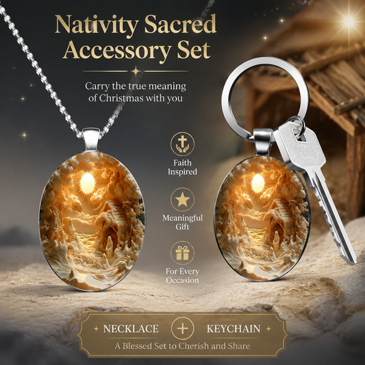 3D Nativity Scene Pendant Necklace & Keyring Set with Gift Box â€“ Christmas Glass Cabochon & Alloy Jewellery Combo for Men and Women