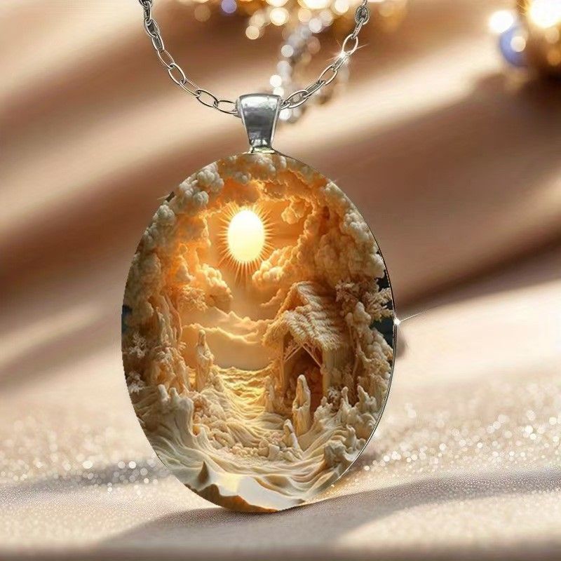 3D Nativity Scene Pendant Necklace & Keyring Set with Gift Box â€“ Christmas Glass Cabochon & Alloy Jewellery Combo for Men and Women