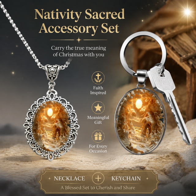3D Nativity Scene Silver Pendant Necklace & Keyring Set with Gift Box â€“ Christmas Glass Cabochon & Alloy Jewellery Combo for Men and Women