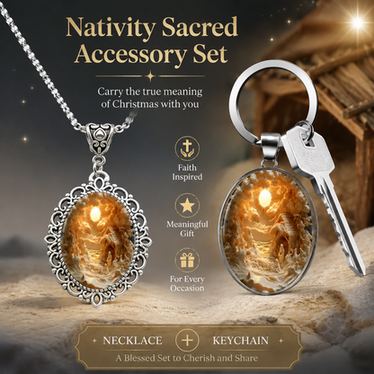 3D Nativity Scene Silver Pendant Necklace & Keyring Set with Gift Box â€“ Christmas Glass Cabochon & Alloy Jewellery Combo for Men and Women