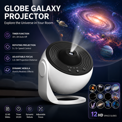 White and Black USB Powered Galaxy Star Projector and Earth Globe Night Light with 12 HD Space Films, 1H / 2H Timer, Nebula Dynamic Rotation Effect & Adjustable Focus for Bedroom Home Decor