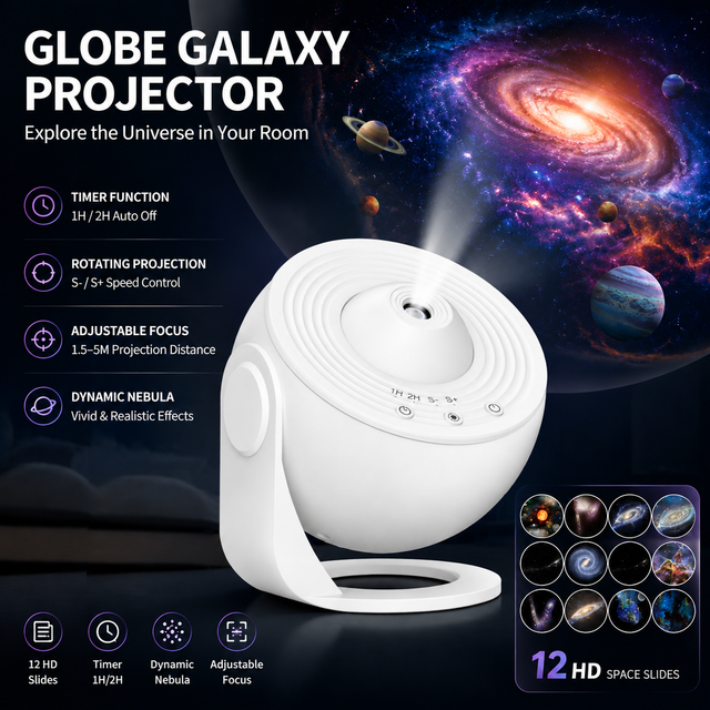 White USB Powered Galaxy Star Projector and Earth Globe Night Light with 12 HD Space Films, 1H / 2H Timer, Nebula Dynamic Rotation Effect & Adjustable Focus for Bedroom Home Decor