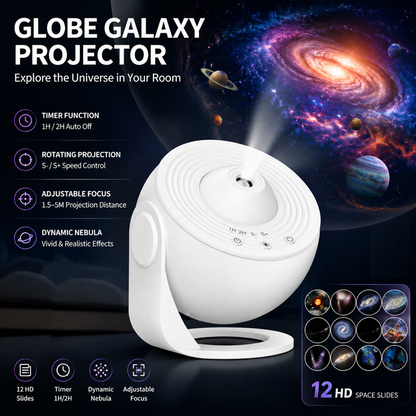 White USB Powered Galaxy Star Projector and Earth Globe Night Light with 12 HD Space Films, 1H / 2H Timer, Nebula Dynamic Rotation Effect & Adjustable Focus for Bedroom Home Decor