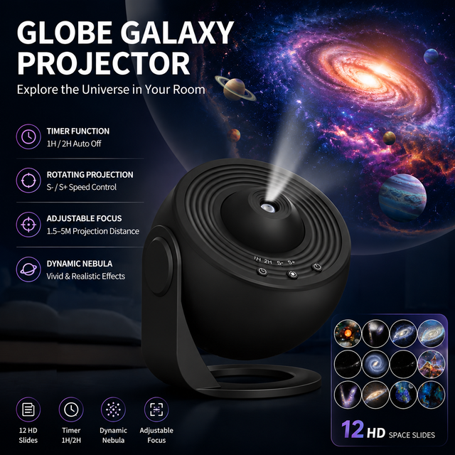 Black USB Powered Galaxy Star Projector and Earth Globe Night Light with 12 HD Space Films, 1H / 2H Timer, Nebula Dynamic Rotation Effect & Adjustable Focus for Bedroom Home Decor