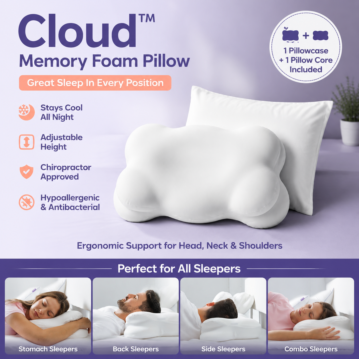 White Cloud Memory Foam Cervical Support Pillow Core and Cover (60 x 30 x 10CM) â€“ Ergonomic Neck Orthopedic Contour Pillow for Side Back & Stomach Sleepers, Deep Sleeping and Pressure Relieving
