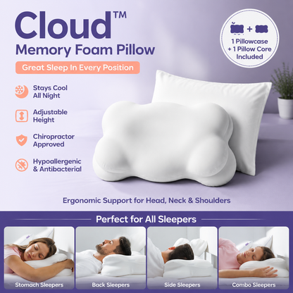 White Cloud Memory Foam Cervical Support Pillow Core and Cover (60 x 30 x 10CM) â€“ Ergonomic Neck Orthopedic Contour Pillow for Side Back & Stomach Sleepers, Deep Sleeping and Pressure Relieving