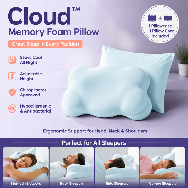 Light Blue Cloud Memory Foam Cervical Support Pillow Core and Cover (71 x 38 x 13CM) â€“ Ergonomic Neck Orthopedic Contour Pillow for Side Back & Stomach Sleepers, Deep Sleeping and Pressure Relieving