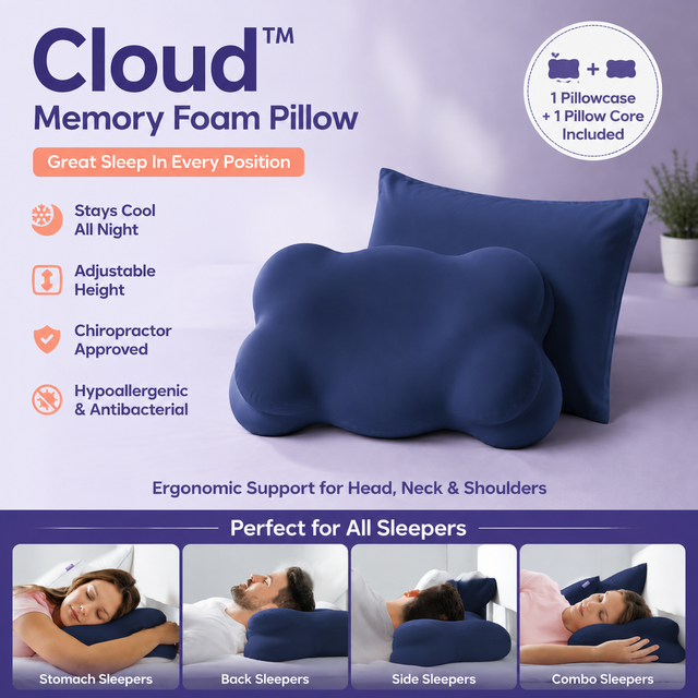 Navy Blue Cloud Memory Foam Cervical Support Pillow Core and Cover (60 x 30 x 10CM) â€“ Ergonomic Neck Orthopedic Contour Pillow for Side Back & Stomach Sleepers, Deep Sleeping and Pressure Relieving