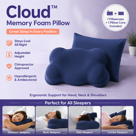 Navy Blue Cloud Memory Foam Cervical Support Pillow Core and Cover (60 x 30 x 10CM) â€“ Ergonomic Neck Orthopedic Contour Pillow for Side Back & Stomach Sleepers, Deep Sleeping and Pressure Relieving