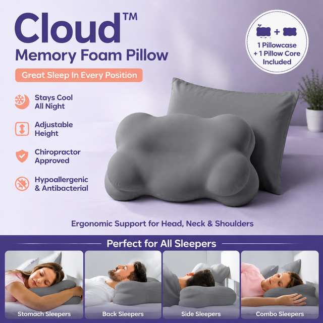 Grey Cloud Memory Foam Cervical Support Pillow Core and Cover (71 x 38 x 13CM) â€“ Ergonomic Neck Orthopedic Contour Pillow for Side Back & Stomach Sleepers, Deep Sleeping and Pressure Relieving