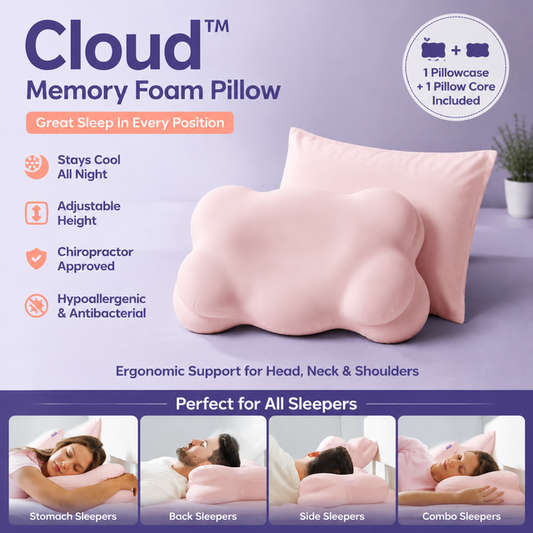 Pink Cloud Memory Foam Cervical Support Pillow Core and Cover (60 x 30 x 10CM) â€“ Ergonomic Neck Orthopedic Contour Pillow for Side Back & Stomach Sleepers, Deep Sleeping and Pressure Relieving