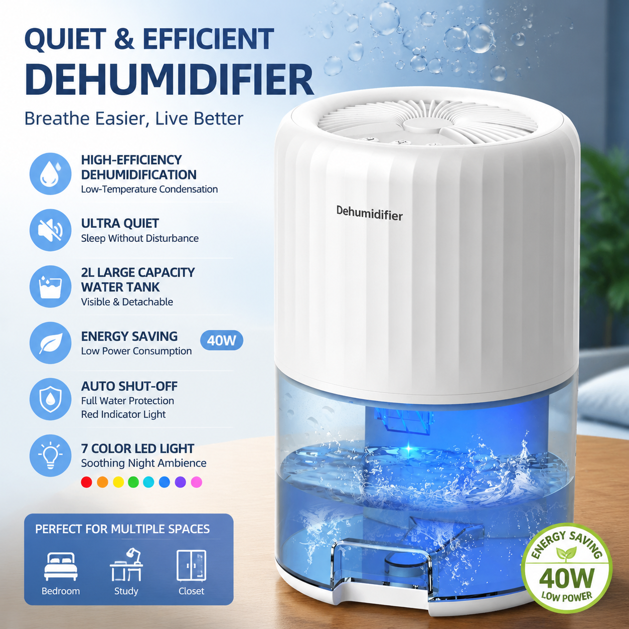 White Portable Home Quiet Mini Dehumidifier - 2L Large Visible Water Tank, 7-Color Sleep Aid Night Light, Air Purification, Auto Shut-Off and 40W Low Power for Bedroom Studies and Closet (5â€“70mÂ²)