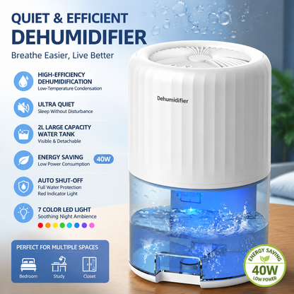 White Portable Home Quiet Mini Dehumidifier - 2L Large Visible Water Tank, 7-Color Sleep Aid Night Light, Air Purification, Auto Shut-Off and 40W Low Power for Bedroom Studies and Closet (5â€“70mÂ²)