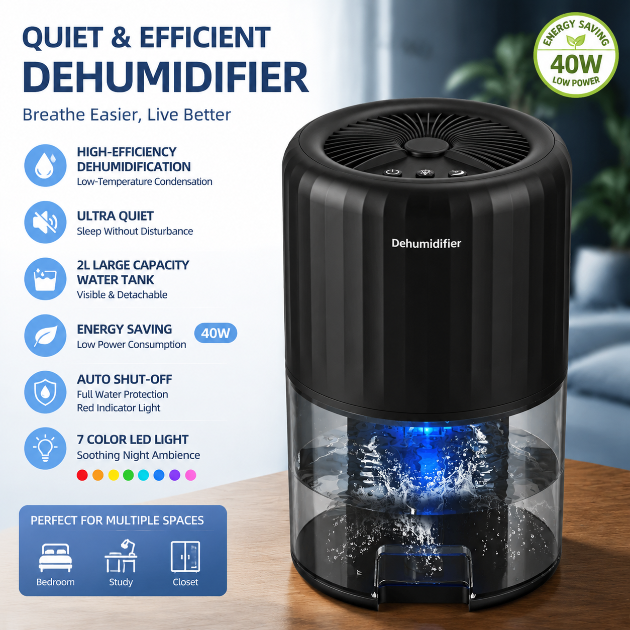 Black Portable Home Quiet Mini Dehumidifier - 2L Large Visible Water Tank, 7-Color Sleep Aid Night Light, Air Purification, Auto Shut-Off and 40W Low Power for Bedroom Studies and Closet (5â€“70mÂ²)