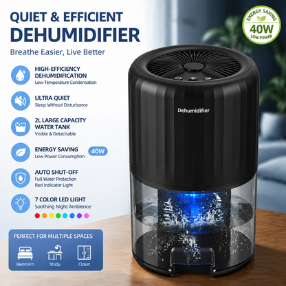 Black Portable Home Quiet Mini Dehumidifier - 2L Large Visible Water Tank, 7-Color Sleep Aid Night Light, Air Purification, Auto Shut-Off and 40W Low Power for Bedroom Studies and Closet (5â€“70mÂ²)