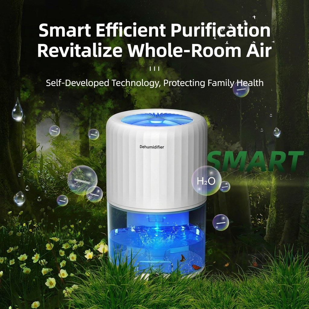 Black Portable Home Quiet Mini Dehumidifier - 2L Large Visible Water Tank, 7-Color Sleep Aid Night Light, Air Purification, Auto Shut-Off and 40W Low Power for Bedroom Studies and Closet (5â€“70mÂ²)