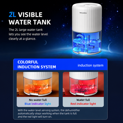 Black Portable Home Quiet Mini Dehumidifier - 2L Large Visible Water Tank, 7-Color Sleep Aid Night Light, Air Purification, Auto Shut-Off and 40W Low Power for Bedroom Studies and Closet (5â€“70mÂ²)