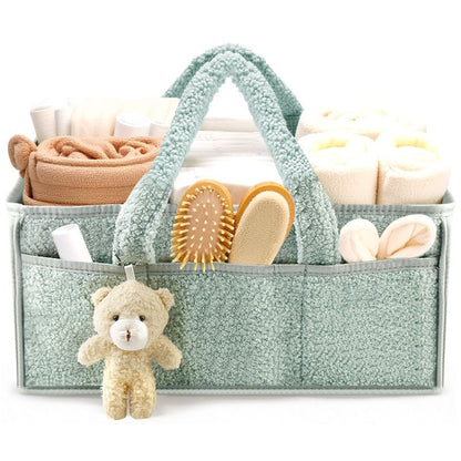 Light Green Large Capacity Plush Baby Diaper Caddy Storage Tote, Foldable Nursery Organizer Bag and Mommy Handbag with Muti Pockets, 4 Adjustable Dividers and Teddy Charm for Travel & Home Use (15.3 x 10.6 x 7")