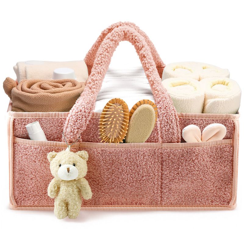 Pink Large Capacity Plush Baby Diaper Caddy Storage Tote, Foldable Nursery Organizer Bag and Mommy Handbag with Muti Pockets, 4 Adjustable Dividers and Teddy Charm for Travel & Home Use (15.3 x 10.6 x 7")