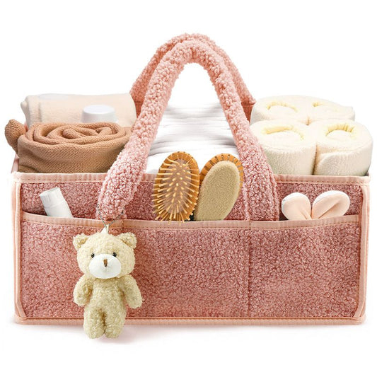 Pink Large Capacity Plush Baby Diaper Caddy Storage Tote, Foldable Nursery Organizer Bag and Mommy Handbag with Muti Pockets, 4 Adjustable Dividers and Teddy Charm for Travel & Home Use (15.3 x 10.6 x 7")