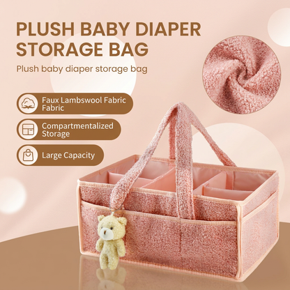 Pink Large Capacity Plush Baby Diaper Caddy Storage Tote, Foldable Nursery Organizer Bag and Mommy Handbag with Muti Pockets, 4 Adjustable Dividers and Teddy Charm for Travel & Home Use (15.3 x 10.6 x 7")