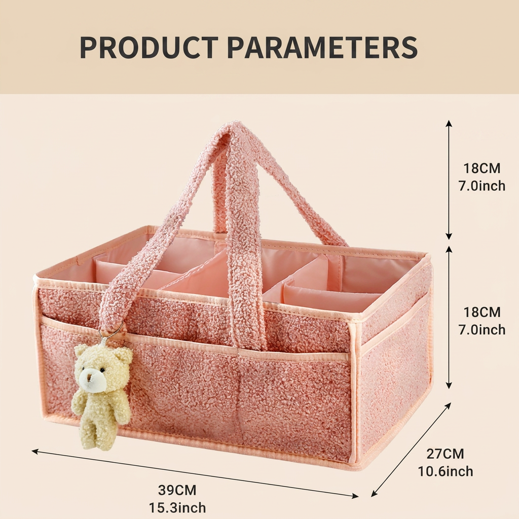 Pink Large Capacity Plush Baby Diaper Caddy Storage Tote, Foldable Nursery Organizer Bag and Mommy Handbag with Muti Pockets, 4 Adjustable Dividers and Teddy Charm for Travel & Home Use (15.3 x 10.6 x 7")