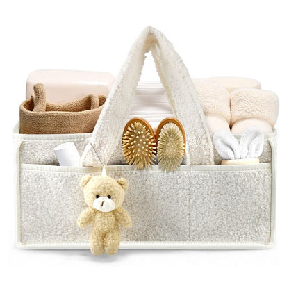 White Large Capacity Plush Baby Diaper Caddy Storage Tote, Foldable Nursery Organizer Bag and Mommy Handbag with Muti Pockets, 4 Adjustable Dividers and Teddy Charm for Travel & Home Use (15.3 x 10.6 x 7")