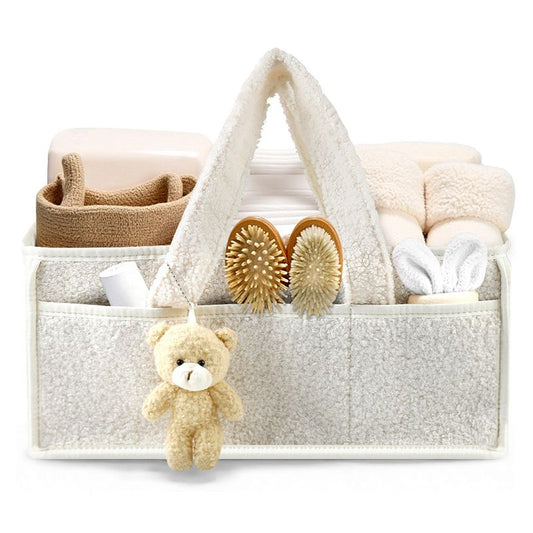 White Large Capacity Plush Baby Diaper Caddy Storage Tote, Foldable Nursery Organizer Bag and Mommy Handbag with Muti Pockets, 4 Adjustable Dividers and Teddy Charm for Travel & Home Use (15.3 x 10.6 x 7")