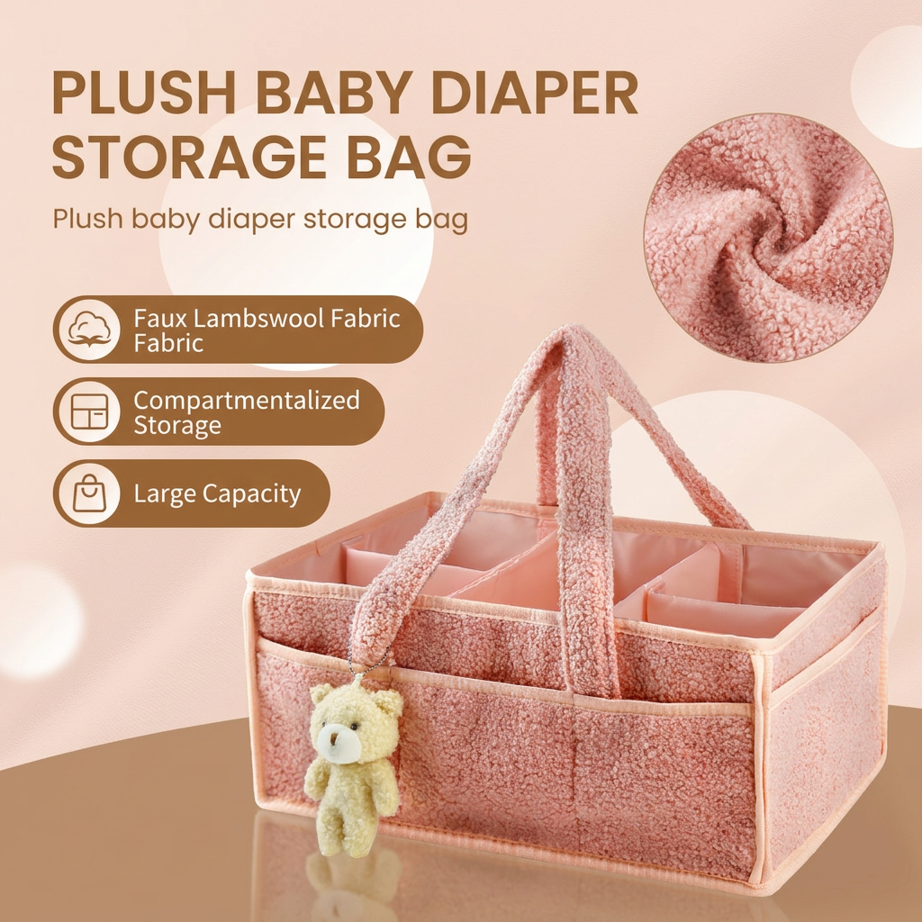 White Large Capacity Plush Baby Diaper Caddy Storage Tote, Foldable Nursery Organizer Bag and Mommy Handbag with Muti Pockets, 4 Adjustable Dividers and Teddy Charm for Travel & Home Use (15.3 x 10.6 x 7")