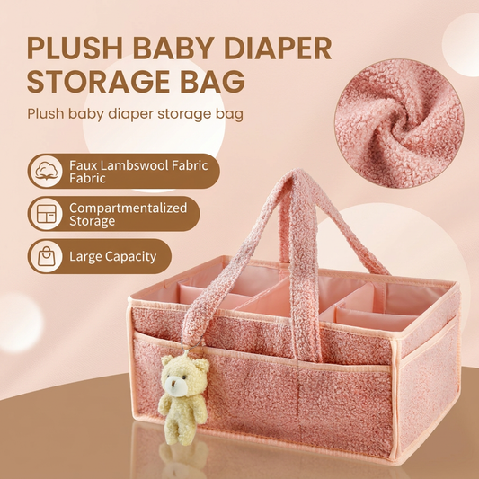 White Large Capacity Plush Baby Diaper Caddy Storage Tote, Foldable Nursery Organizer Bag and Mommy Handbag with Muti Pockets, 4 Adjustable Dividers and Teddy Charm for Travel & Home Use (15.3 x 10.6 x 7")