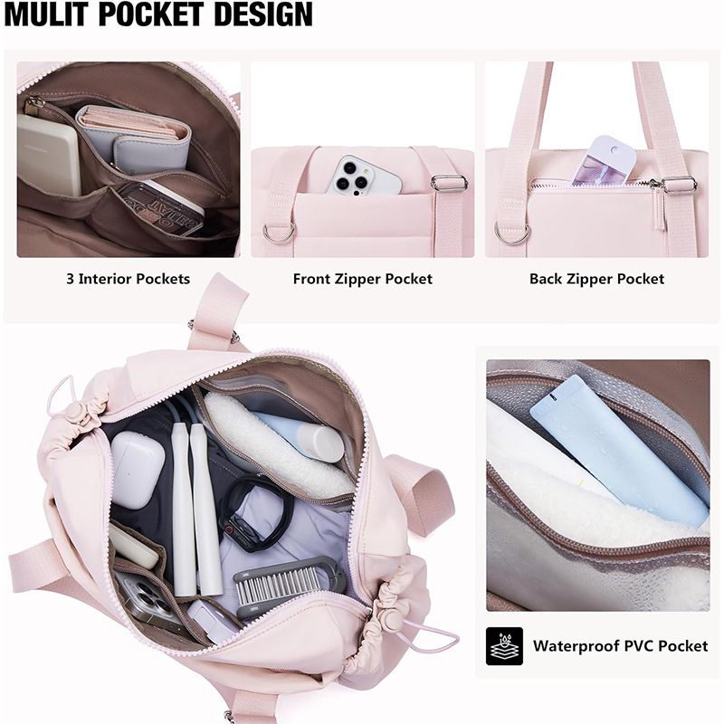 Pink Womenâ€™s Fluffy Nylon Gym Travel Tote Bag and Coin Purse Set - Side Drawstring Cup Holder, Front / Back Zipper Pockets and Wet & Dry Separation, Large Capacity and Lightweight 11.7 x 4.2 x 8"